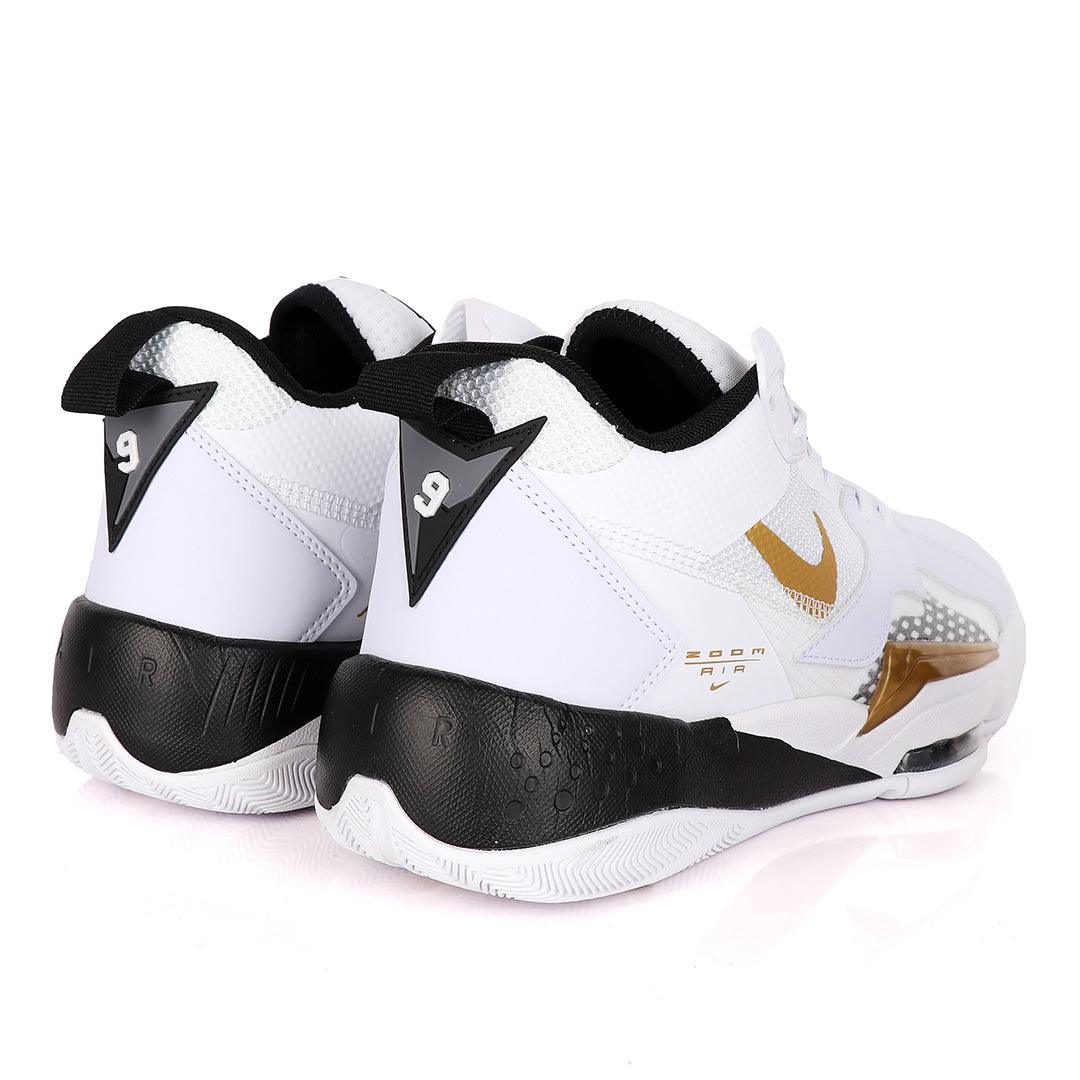 Original Air Jordan Zoom White Sneakers With Black And Classic Gold Logo Design - Obeezi.com