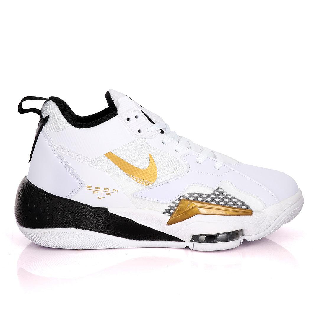 Original Air Jordan Zoom White Sneakers With Black And Classic Gold Logo Design - Obeezi.com