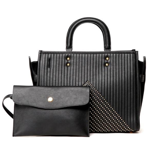 Pelletini 2-in-1 Triangle Stud Genuine Leather Handbag Black - Obeezi.com