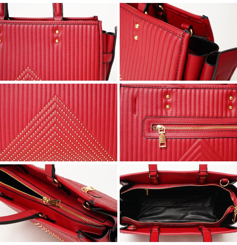 Pelletini 2-in-1 Triangle Stud Genuine Leather Handbag Red - Obeezi.com