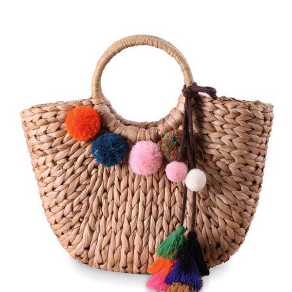 Pom Pom Woven Straw Basket Bag -Multi Color - Obeezi.com