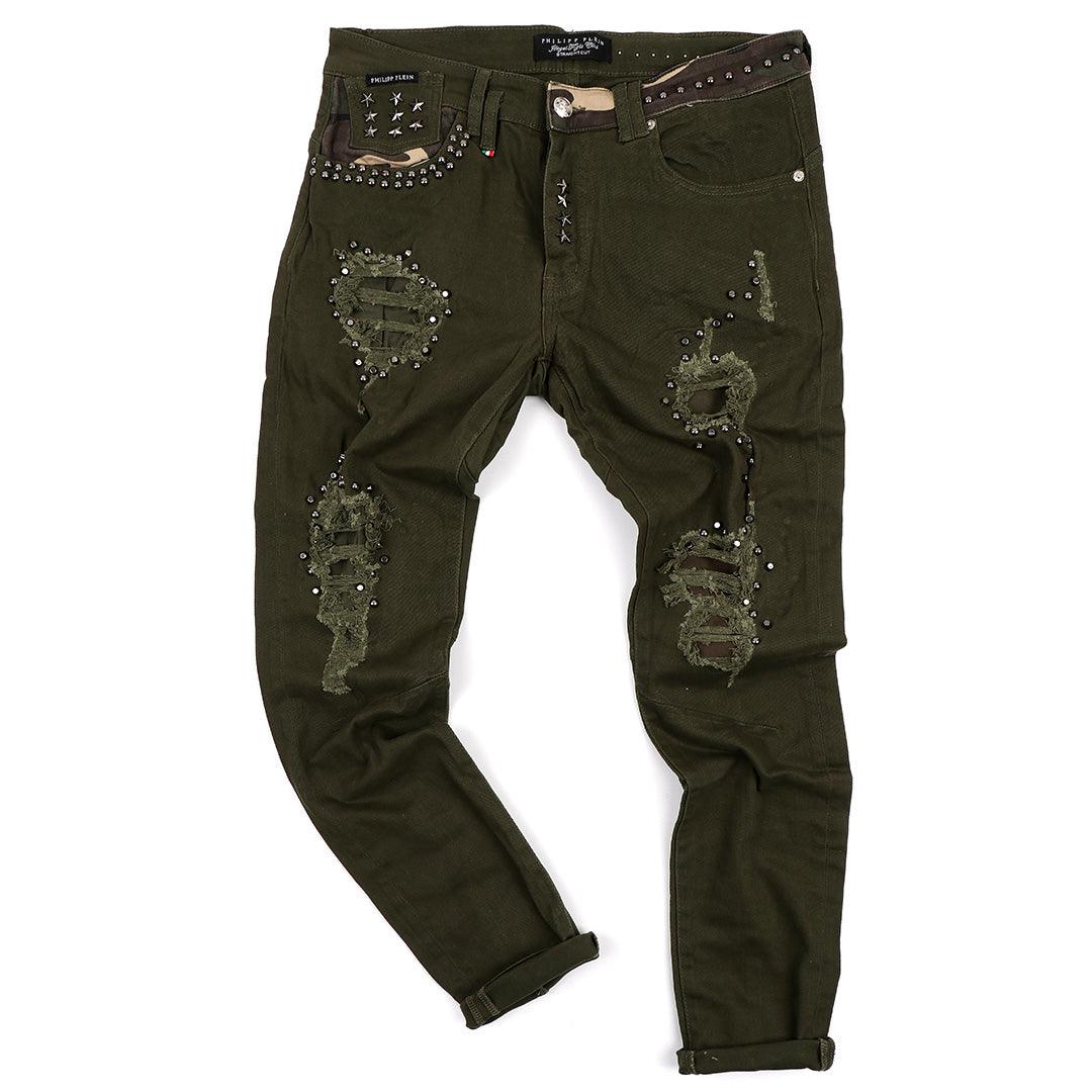 PP Men's Straight Cut Camo Inspired Distressed Jeans- Green - Obeezi.com