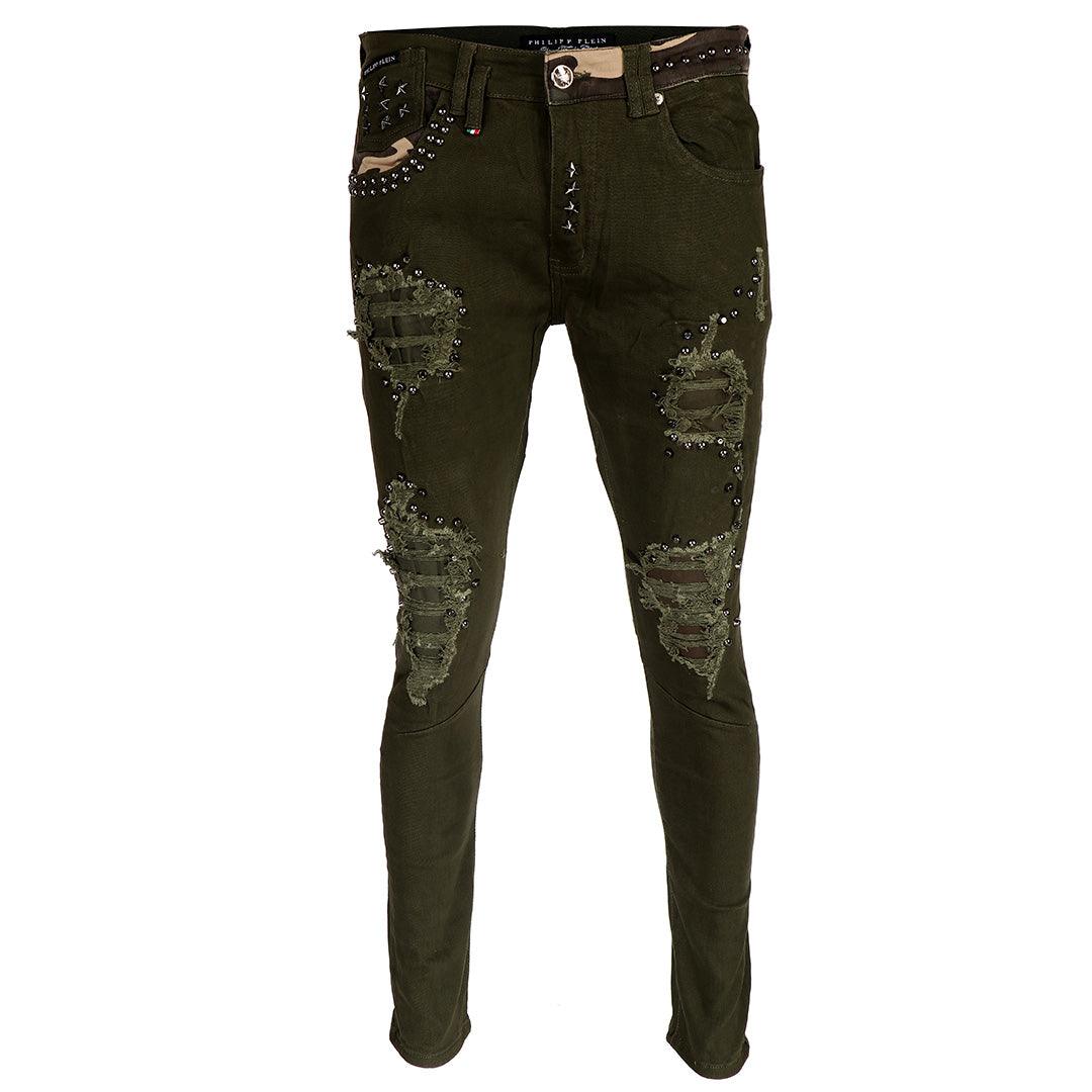 PP Men's Straight Cut Camo Inspired Distressed Jeans- Green - Obeezi.com