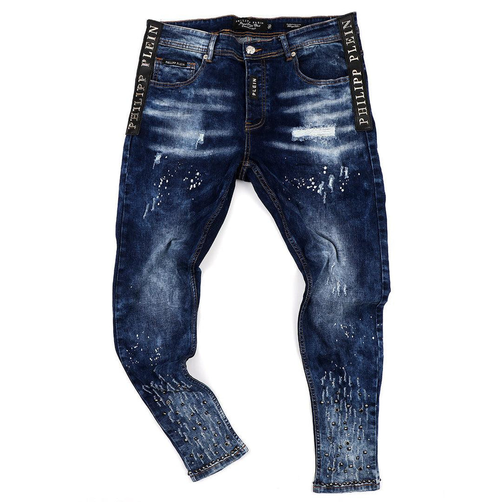 PP Men's Straight Cut Logo Crested Ripped Jeans- Blue | Obeezi.com