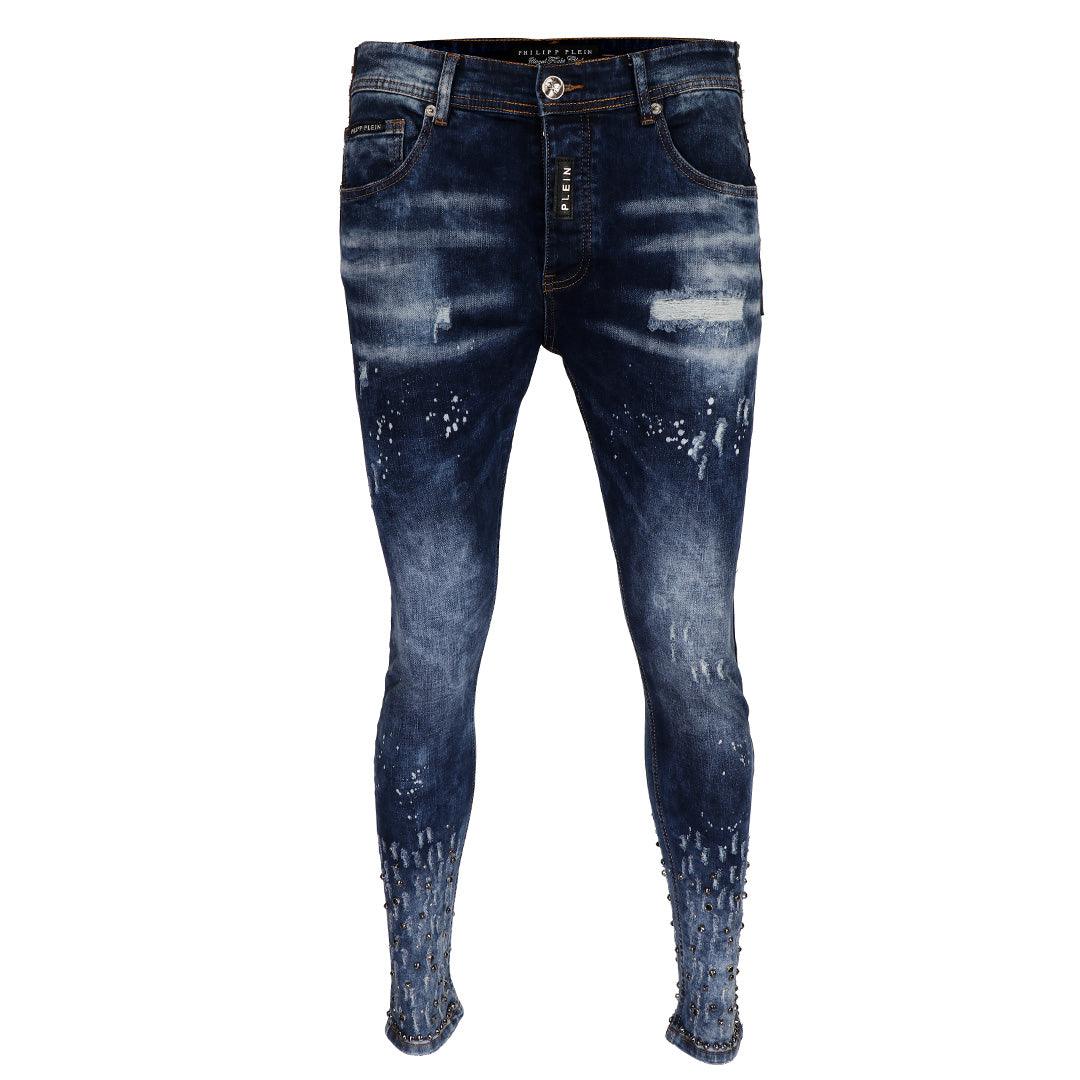 PP Men's Straight Cut Logo Crested Ripped Jeans- Blue - Obeezi.com