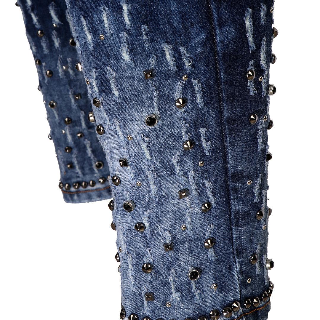 PP Men's Straight Cut Logo Crested Ripped Jeans- Blue - Obeezi.com