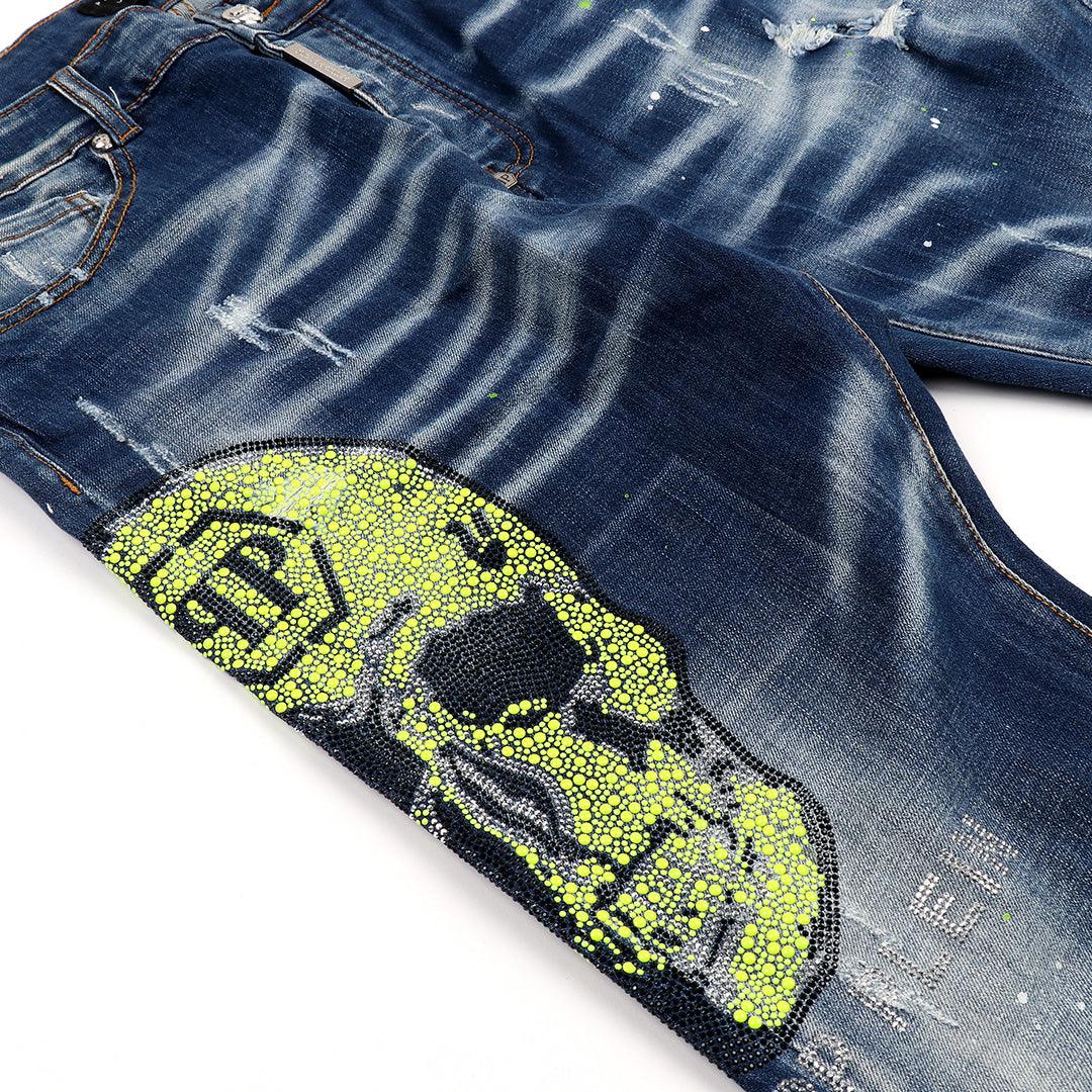 PP Men's Straight Cut Rhinestone Green Glittered Skull Jeans- Blue - Obeezi.com