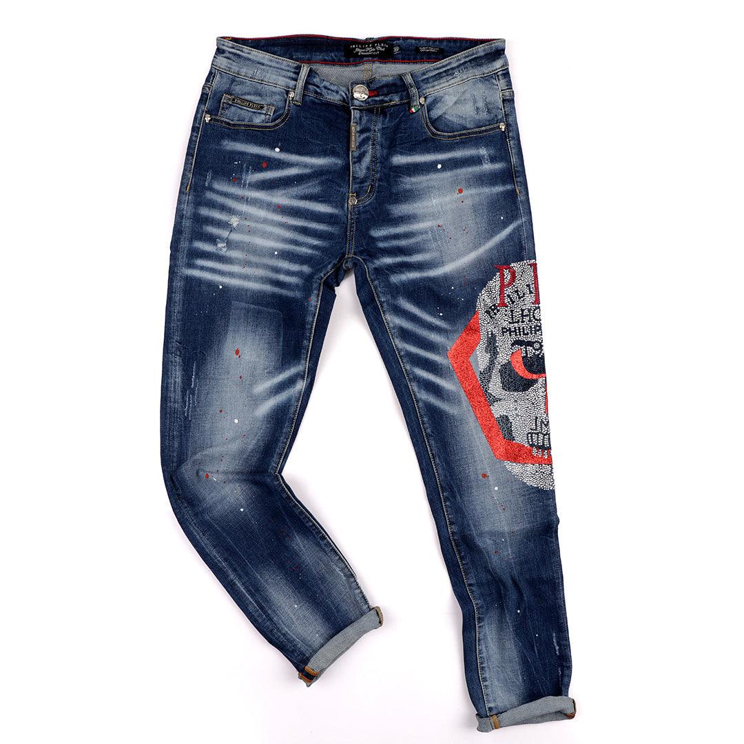 PP Men's Straight Cut Rhinestone Red Glittered Skull Jeans- Blue - Obeezi.com