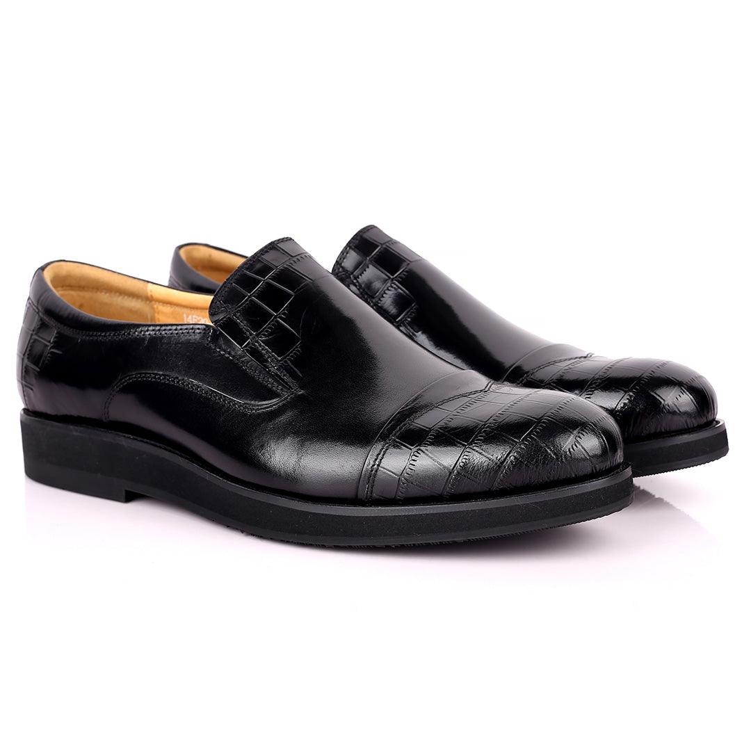Prad Classic Black Half Croc Leather Shoe - Obeezi.com