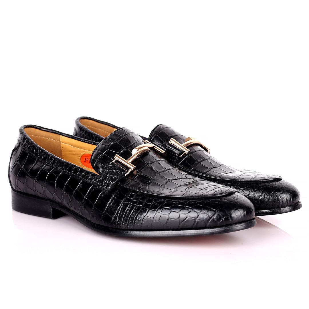 Prad Elegant Croc Leather Logo Designed Formal Shoe - Black - Obeezi.com