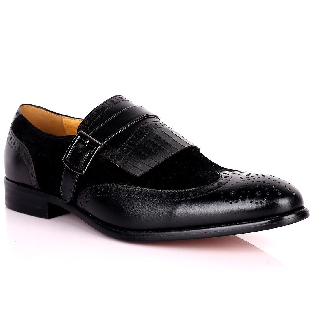 Prad Elegant Fringe Brogue And Suede Designed Leather Shoe - Black - Obeezi.com