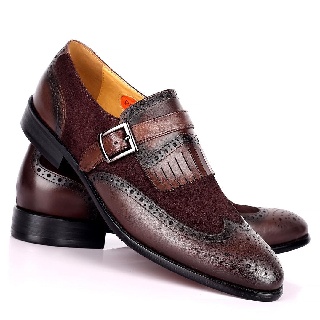 Prad Elegant Fringe Brogue And Suede Designed Leather Shoe - Coffee - Obeezi.com