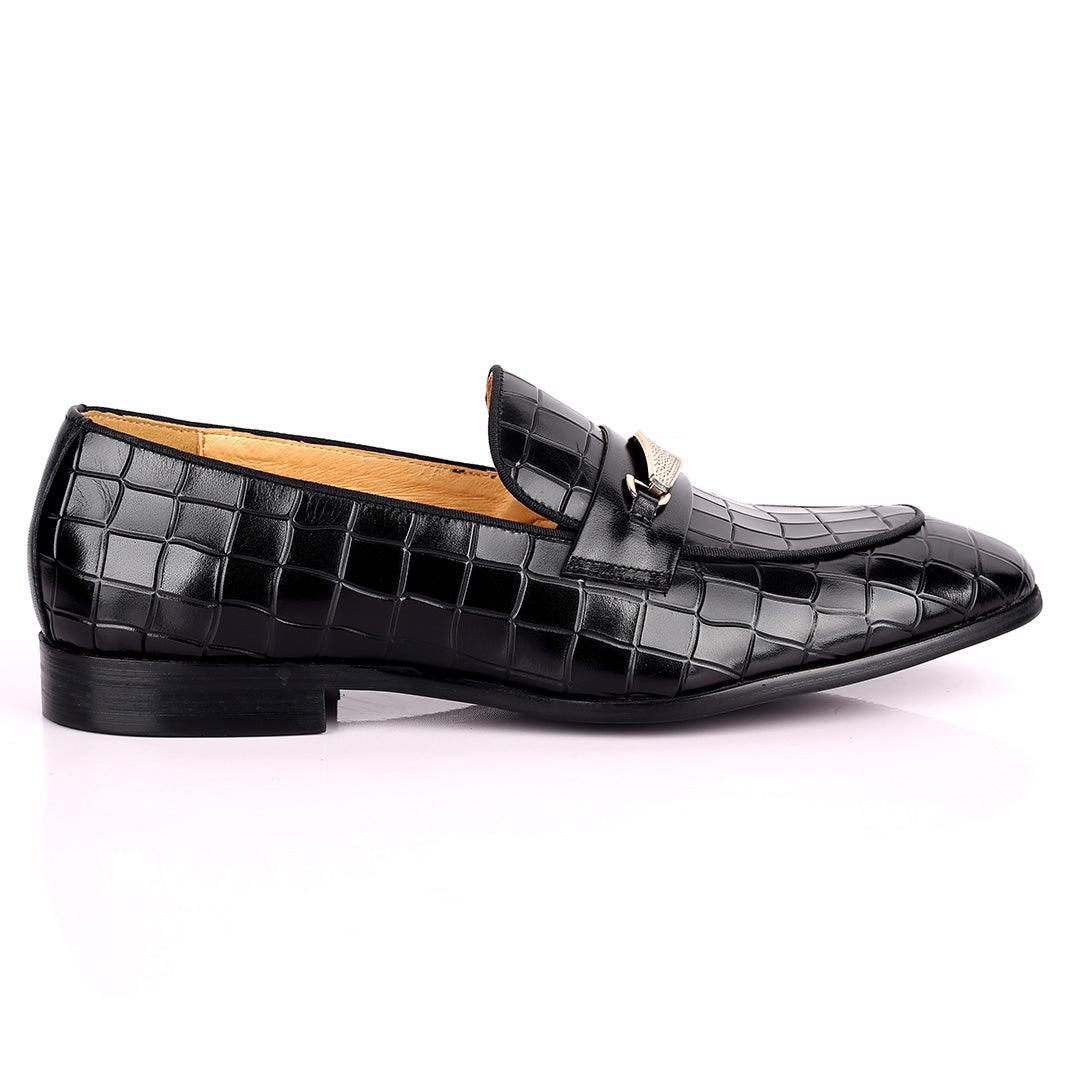 Prad Superlative Croc Leather With Gold Designed Shoe - Black - Obeezi.com