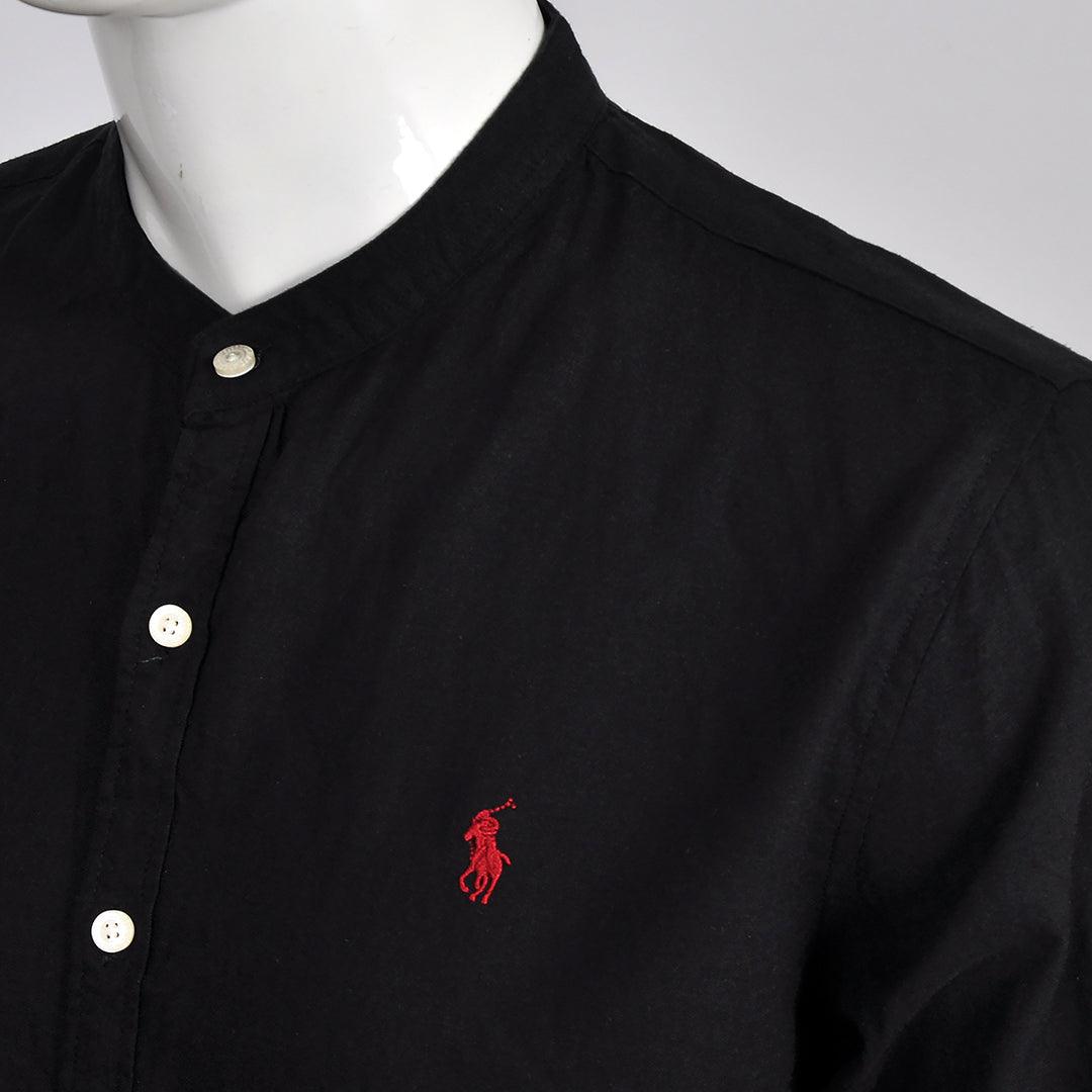 PRL Bishop Collar Button Down Men's Long Sleeve Shirt - Black - Obeezi.com