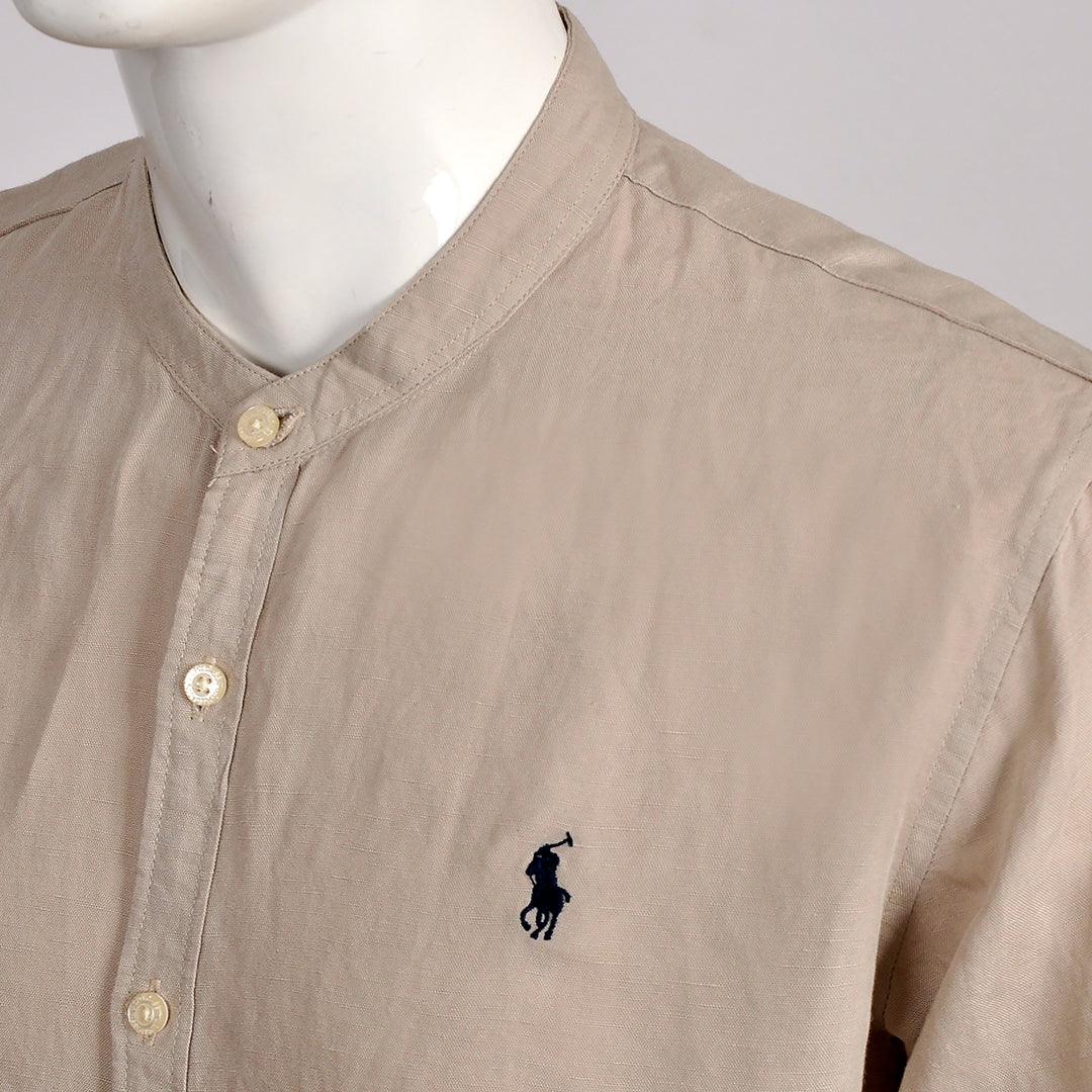 PRL Bishop Collar Button Down Men's Long Sleeve Shirt - Khaki - Obeezi.com