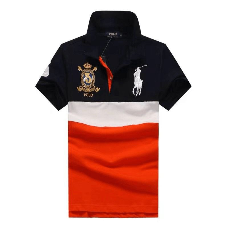 PRL Classic Striped Big Pony Rugby Logo Shirt- White Navy Blue Orange - Obeezi.com