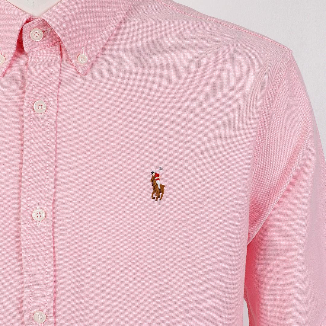 PRL Custom Fit Button-Down With Small Pony Logo Pink Longsleeve Shirt - Obeezi.com