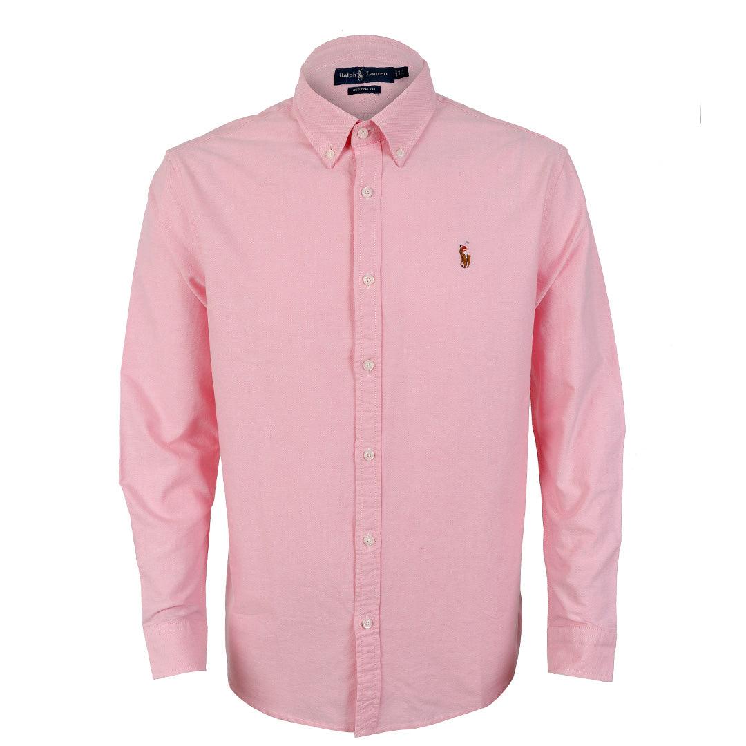 PRL Custom Fit Button-Down With Small Pony Logo Pink Longsleeve Shirt - Obeezi.com