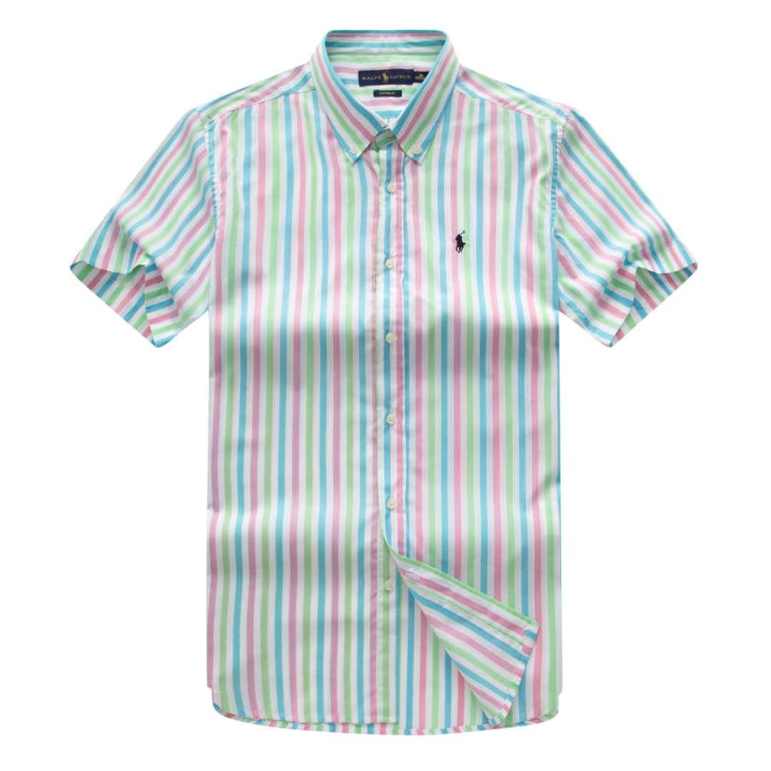 PRL Custom Fit Short Sleeve Colored Striped Cotton Shirt- Green - Obeezi.com