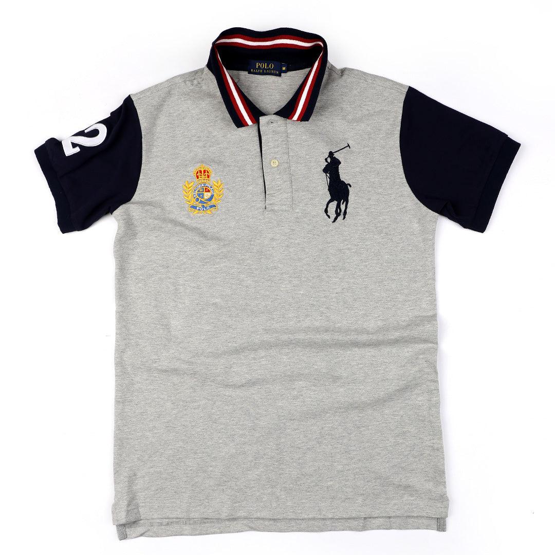 PRL Grey Fitted Polo Shirt With Striped Collar - Obeezi.com