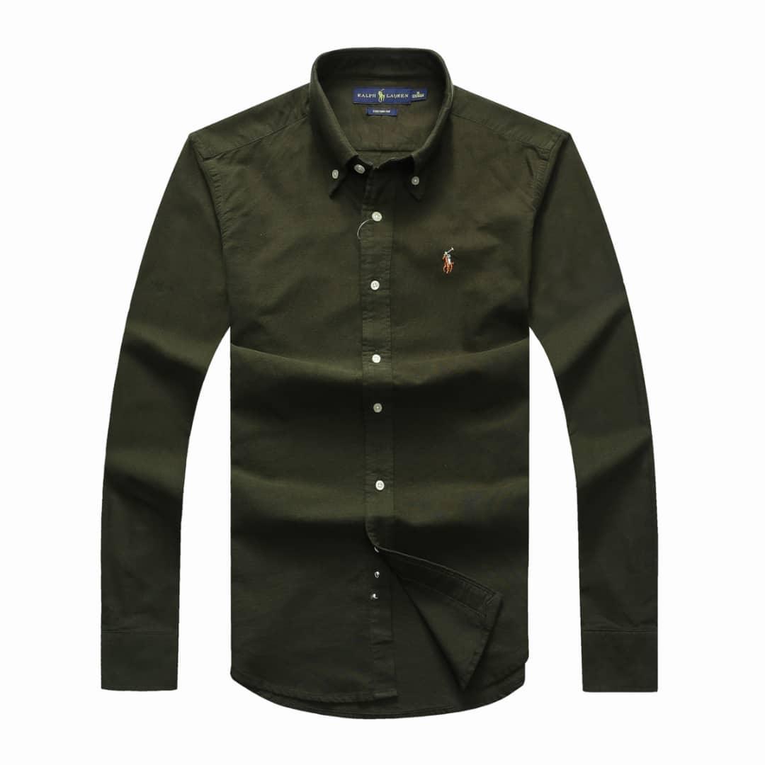 PRL Logo embroidered Ash Button Down Long Sleeve Green Shirt - Obeezi.com
