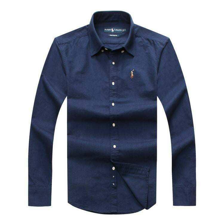 PRL Logo embroidered Button Down Chambray Shirt-Black - Obeezi.com
