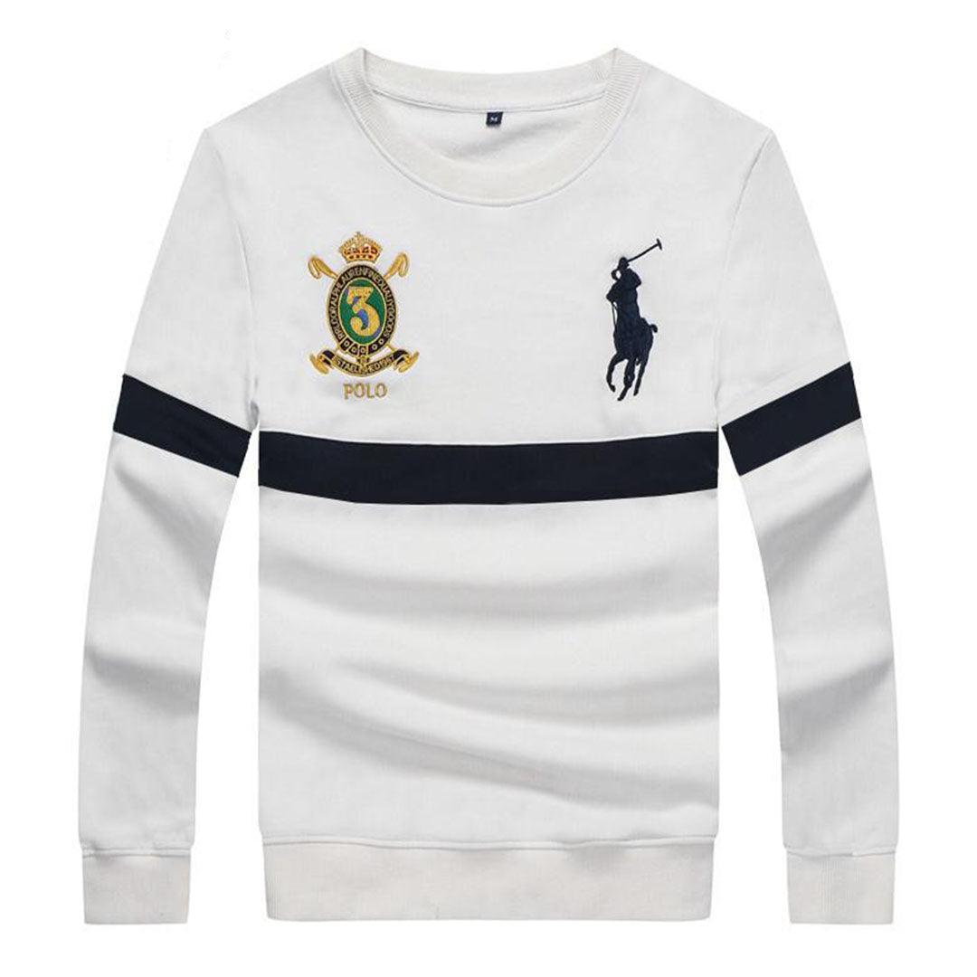 PRL Long Sleeves Embroidered Stripe Logo White Sweat Shirt - Obeezi.com