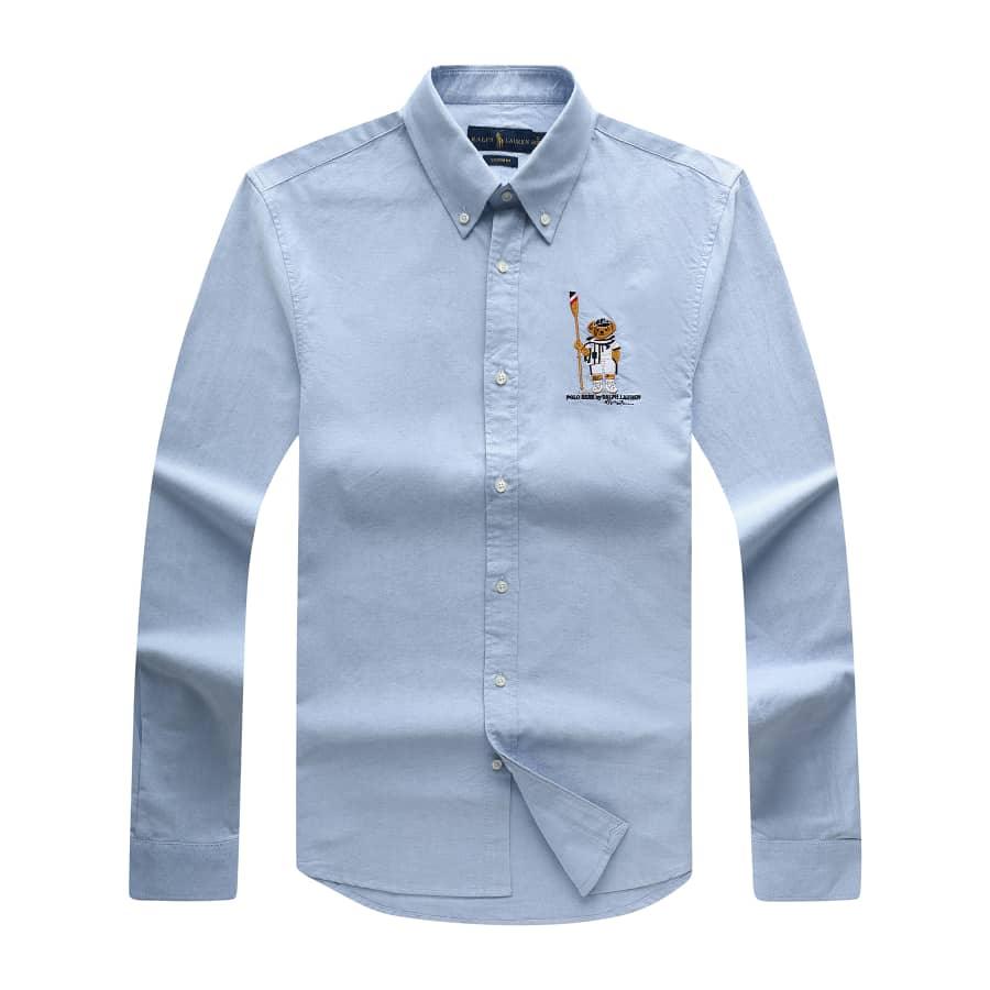 PRL Men's Cotton Bear Logo Embroidered Blue Button Down Shirt - Obeezi.com