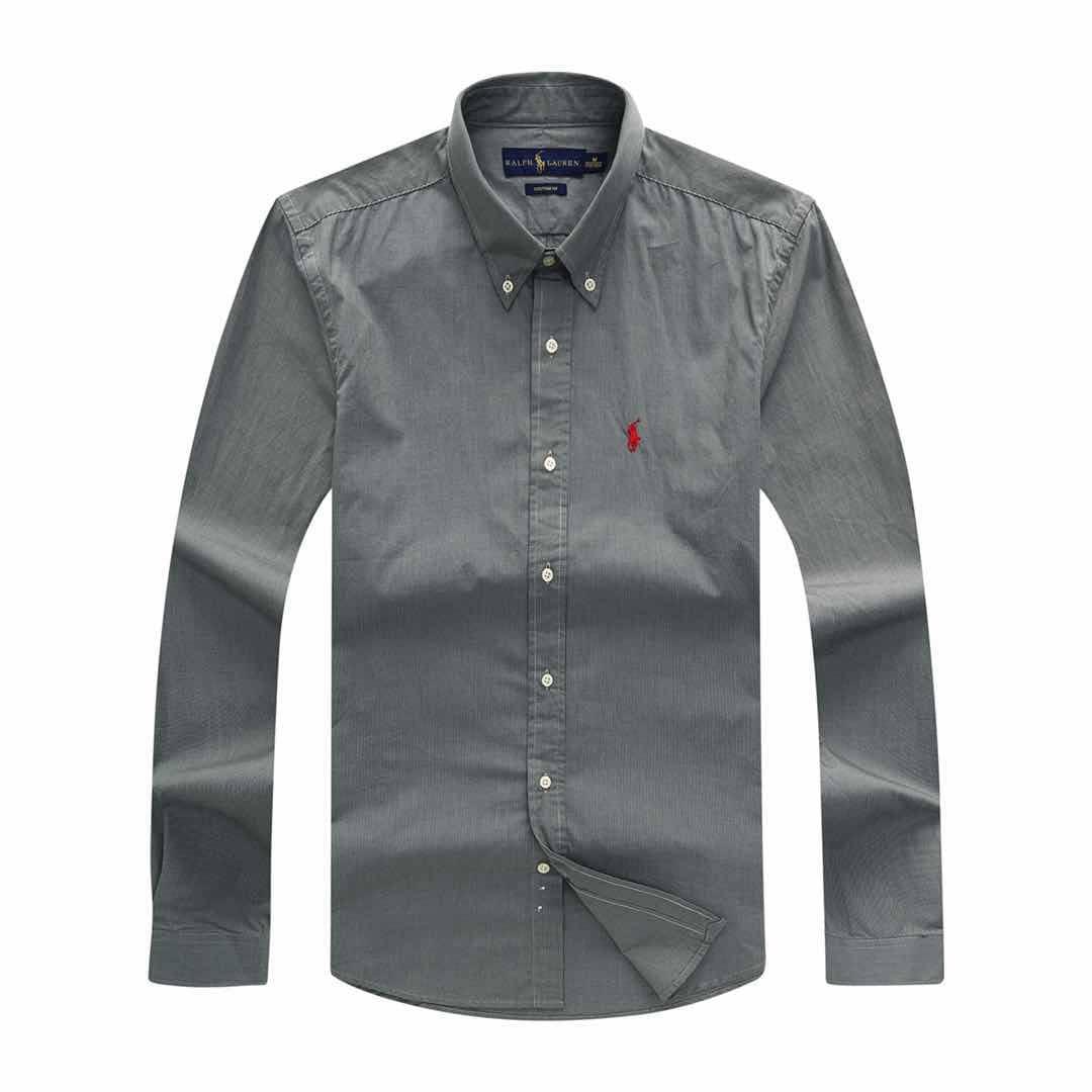 PRL Men's Cotton Red Logo Embroidered Grey Button Down Shirt - Obeezi.com