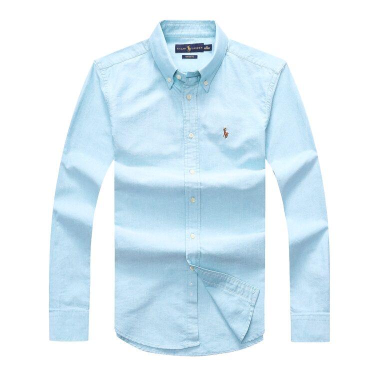 PRL Men's Plain Cotton Logo Embroidered Blue Button Down Long Sleeve Shirt - Obeezi.com
