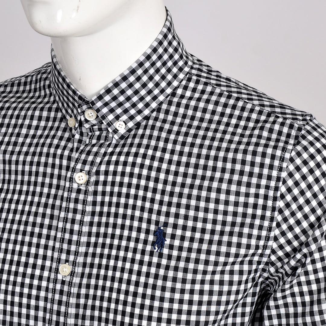 PRL Smart Light Weight Checkboard Button Down Long Sleeve Shirt- Black - Obeezi.com