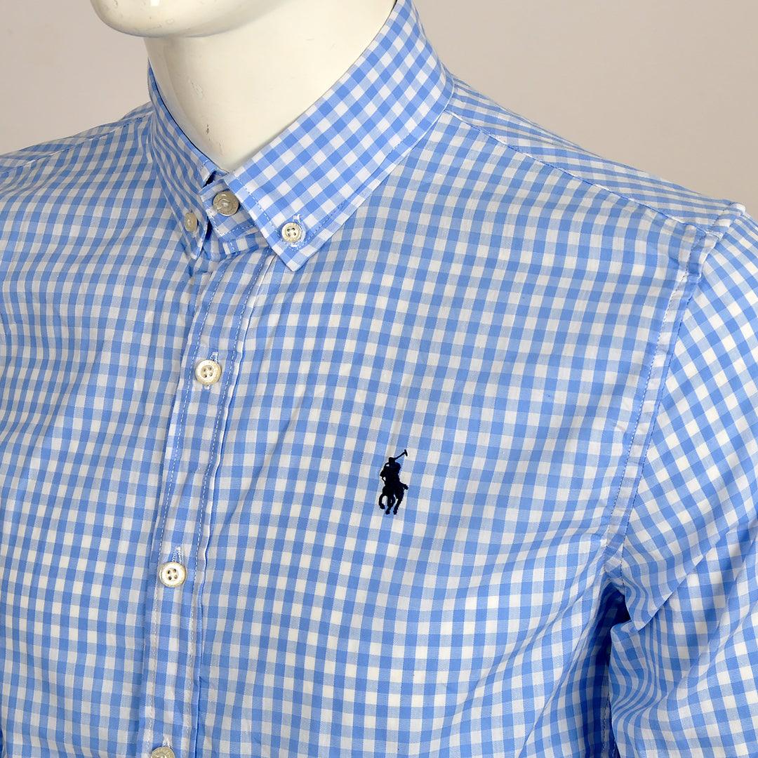 PRL Smart Light Weight Checkboard Button Down Long Sleeve Shirt- Sky Blue - Obeezi.com