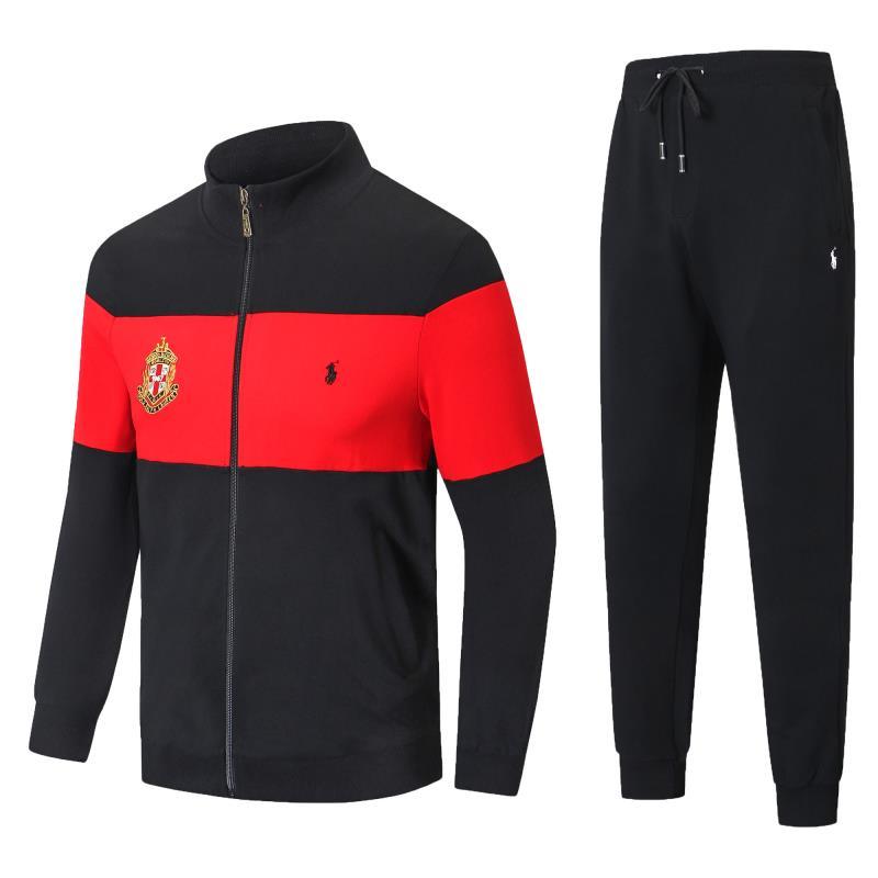 PRL Zippered Cotton-Blend Fleece Tracksuit- Black And Red - Obeezi.com