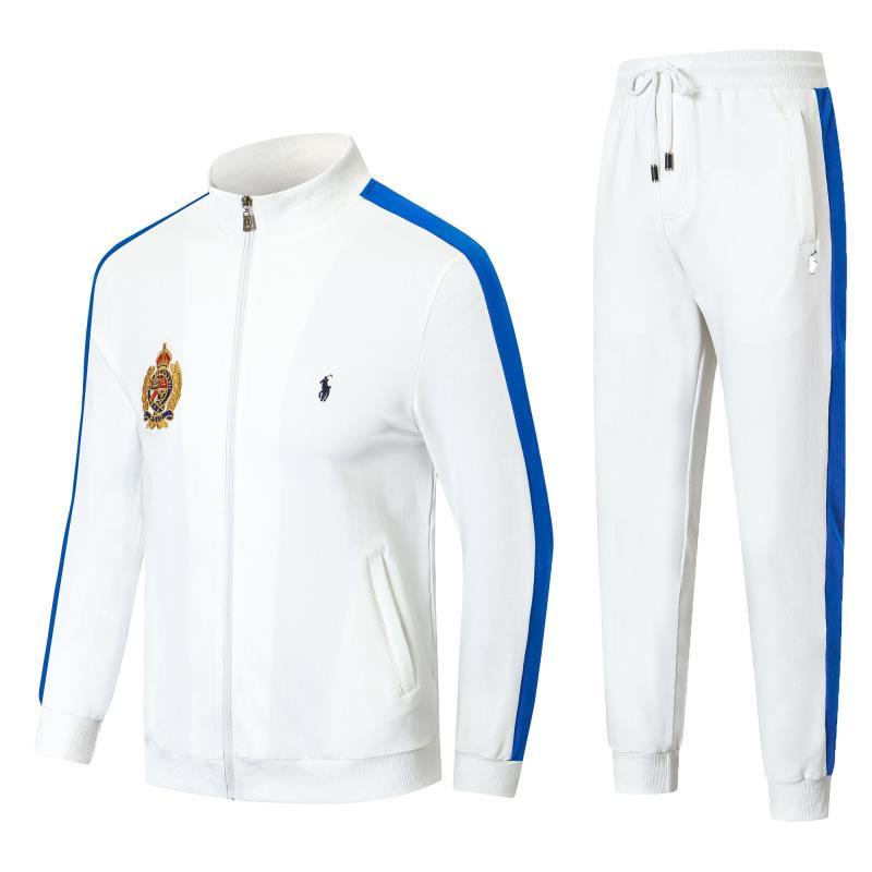 PRL Zippered Cotton-Blend Fleece White And Blue Stripe Tracksuit - Obeezi.com