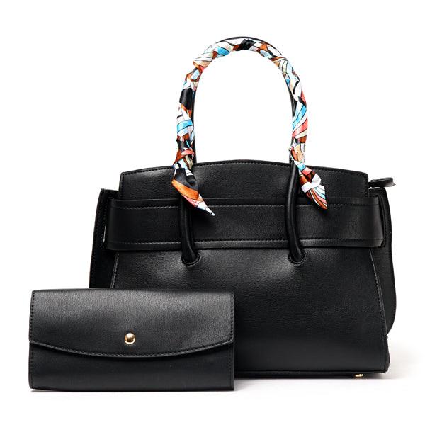 PU Leather Handbags For Women With Scarf 2 in 1 Set Tote Bags - Black - Obeezi.com