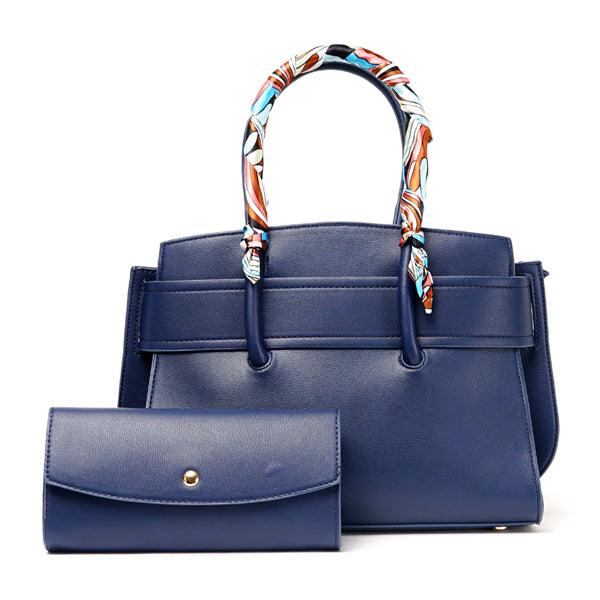 PU Leather Handbags For Women With Scarf 2 in 1 Set Tote Bags - Navyblue - Obeezi.com