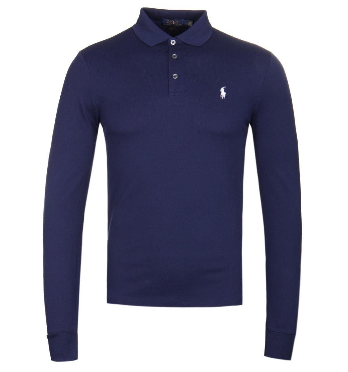 R L Long-sleeved Cotton-Piqué Polo Shirt Navyblue - Obeezi.com
