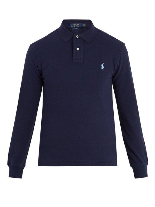 R L Long-sleeved Cotton-Piqué Polo Shirt Navyblue - Obeezi.com