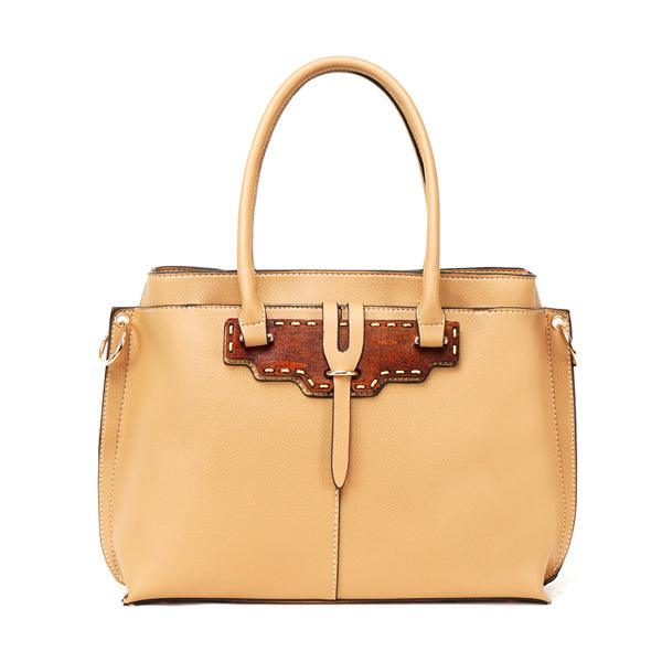 Rad Apricot Leather 3 In 1 Handbag With Wood Trimmings - Obeezi.com