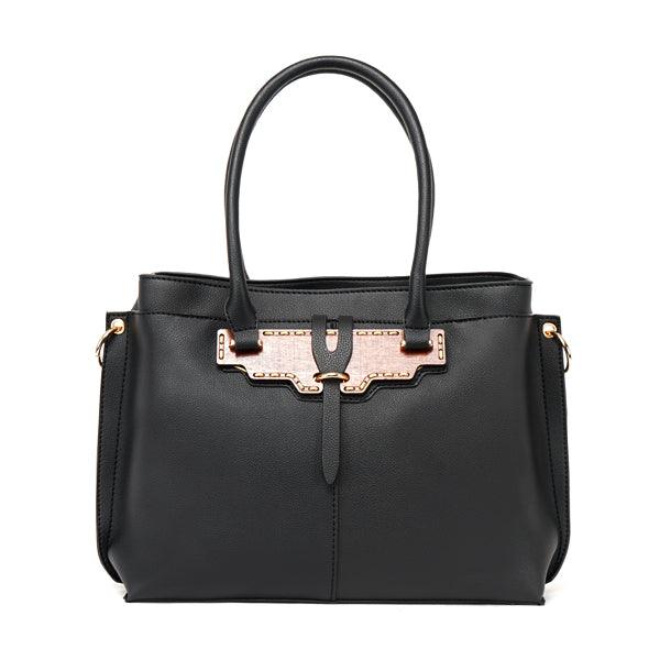 Rad Black Leather 3 In 1 Handbag With Wood Trimmings - Obeezi.com