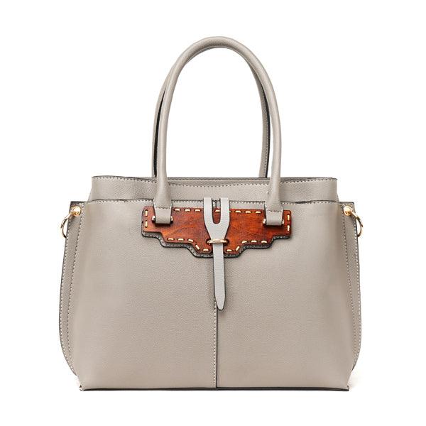 Rad Grey Leather 3 In 1 Handbag With Wood Trimmings - Obeezi.com