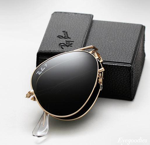 Ray Ban Folding Black Aviator Gold Rim Sunglasses - Obeezi.com