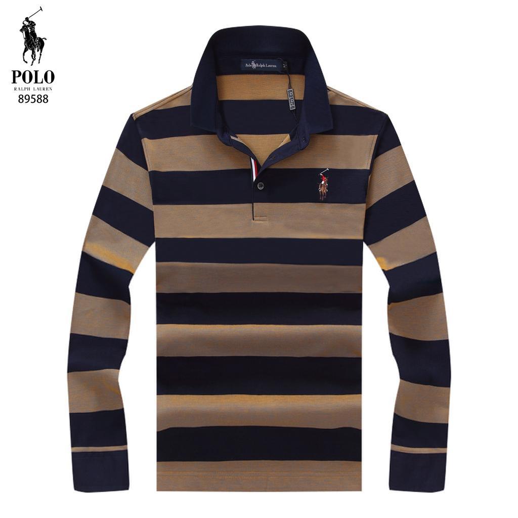 RL Custom Fit Navy Blue and Brown Stripped Longsleeve Polo - Obeezi.com