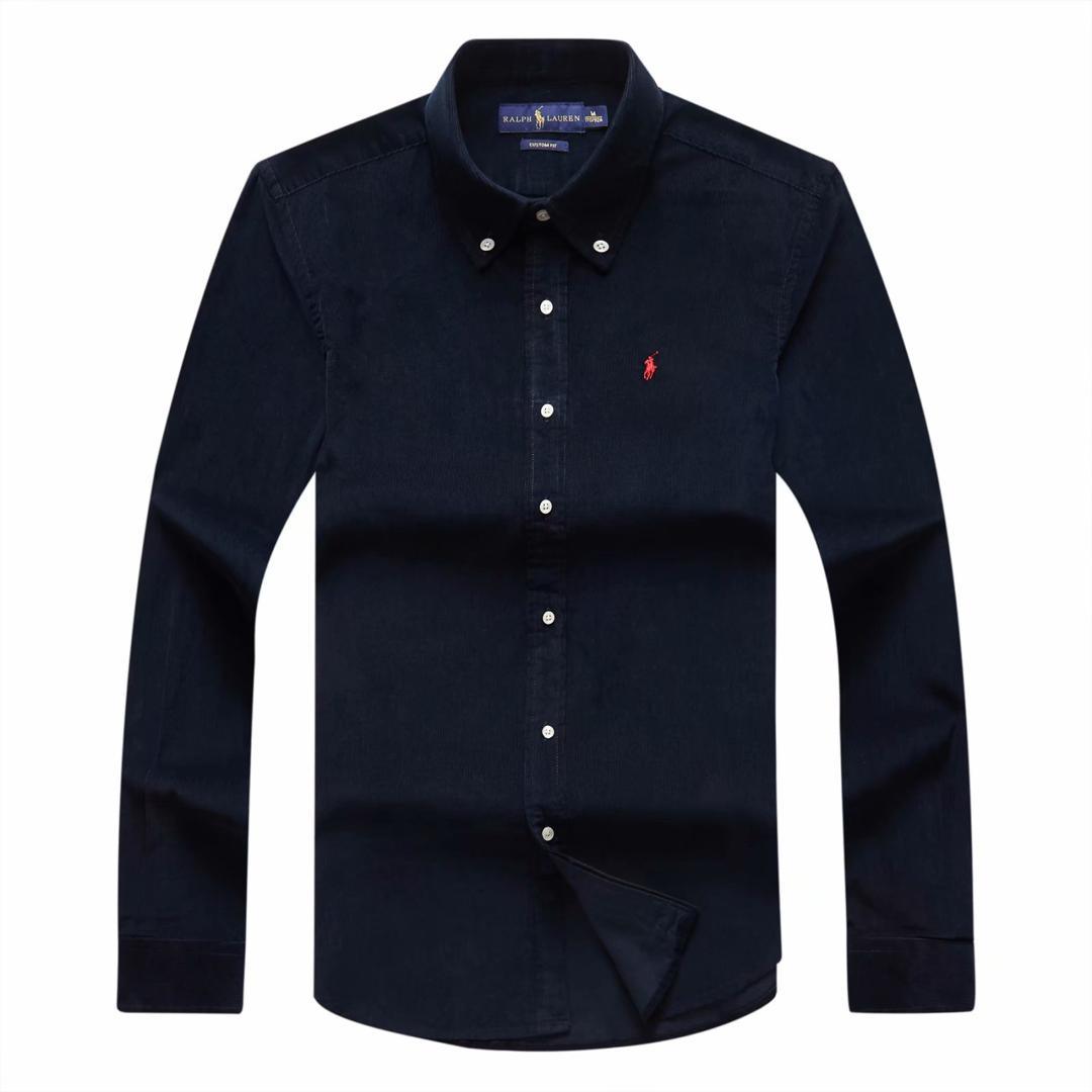 RL Custom Fit NavyBlue Suede Long-Sleeve Shirt With Small Pony - Obeezi.com