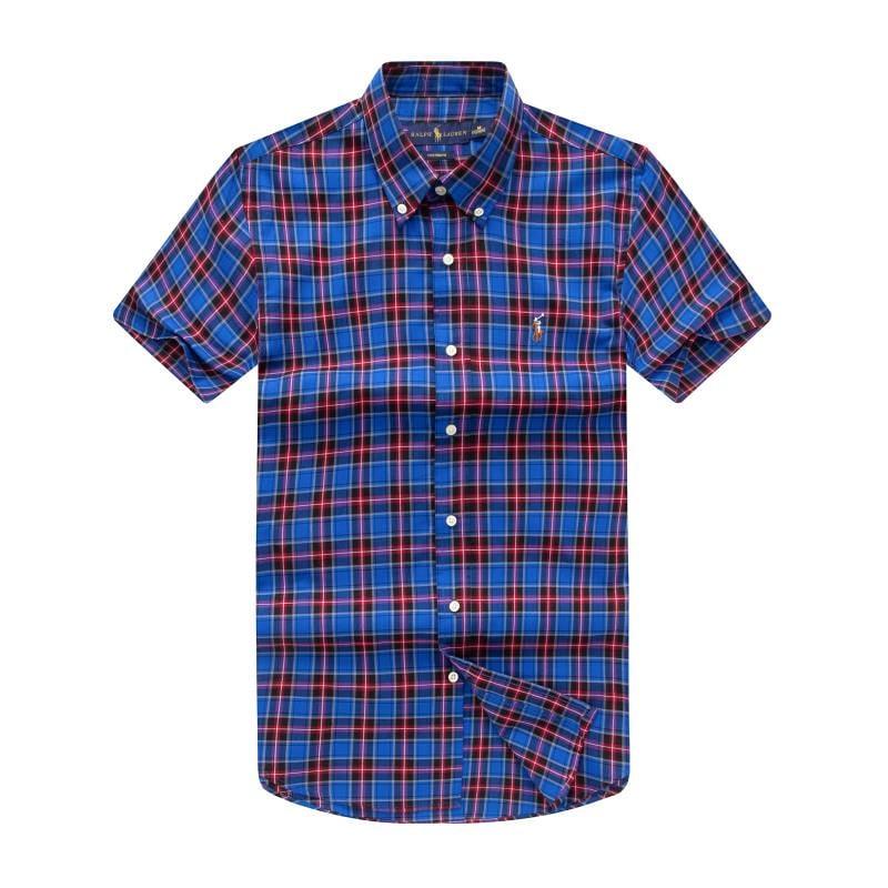 RL Custom Fit Short Sleeve Men's Button Down Oxford Shirt-Blue - Obeezi.com