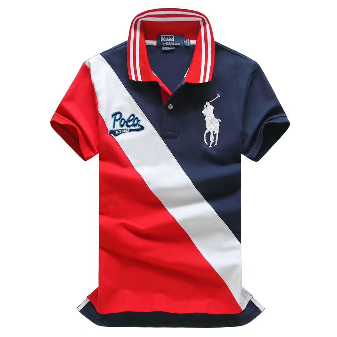 RL Custom Fitted Blue/Red Short Sleeve Polo - Obeezi.com