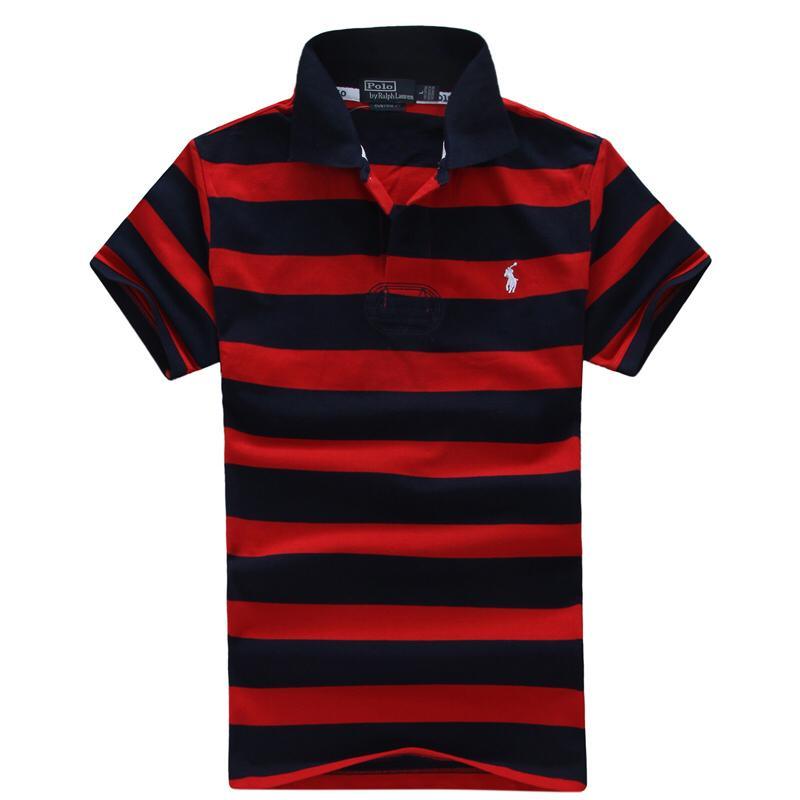 RL Custom Fitted Small Horse Multi-Strip Navy Blue Red Polo - Obeezi.com