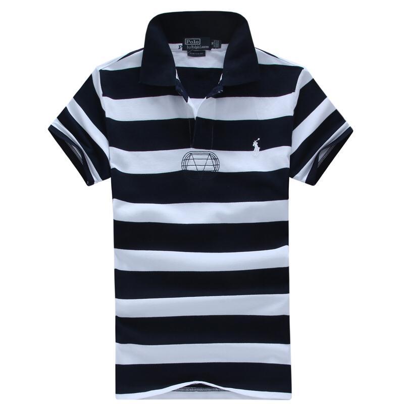 RL Custom Fitted Small Horse Multi Strip Navy Blue/White Polo - Obeezi.com