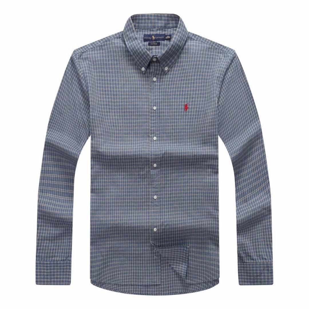 RL Custom Men's Casual Grey Blue Crest Check Longsleeve Shirt - Obeezi.com