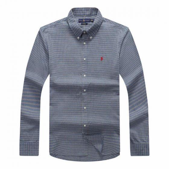 RL Men's Casual Grey Blue Crest Check Long-sleeve Shirt - Obeezi.com